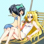  bikini black_hair blue_eyes bow cake flat_chest food hair_bow kunihiro_hajime long_hair lying multiple_girls one-piece_swimsuit pastry ponytail ryuumonbuchi_touka saki shacttainw star sunglasses swimsuit very_long_hair white_swimsuit 