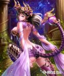  1girl ass backless_outfit black_hair card column earrings grin hair_ornament high_heels horns indoors jewelry looking_at_viewer looking_back pillar pointy_ears purple_eyes scorpion scorpion_tail shingoku_no_valhalla_gate silk smile solo standing tail watermark xoxocia 