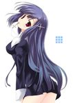  blush cross duplicate kannagi long_hair non-web_source purple_hair red_eyes solo zange 