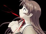  blood brown_eyes brown_hair character_request clenched_teeth female guro scissors simple_background source_request suicide tears teeth 