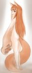  animal_ears ass barefoot brown_eyes brown_hair from_behind grin highres holo kuontendou long_hair looking_back nude paws sketch smile solo spice_and_wolf tail transformation wolf_ears wolf_tail 