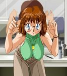  90s :3 bare_shoulders bent_over blue_eyes blush breasts brown_hair character_request erect_nipples game_cg glasses huge_breasts jewelry kimura_takahiro large_breasts looking_at_viewer makeup mirror necklace no_bra oldschool on_air_(game) pants pencil powder_brush reflection round_glasses short_hair skin_tight solo source_request spray_can wristband 