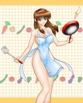  1girl apron blue_eyes breasts brown_hair cooking dead_or_alive erect_nipples female frying_pan headband hitomi hitomi_(doa) naked_apron solo spatula tecmo 