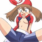  blush cameltoe flat_chest haruka_(pokemon) lowres open_clothes open_shirt pokemon shirt small_breasts spread_legs surprise surprised 
