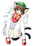  animal_ears brown_eyes brown_hair cat_ears cat_tail chen diaper kamiya_tomoe multiple_tails pee peeing shoes solo tail thighhighs third-party_edit touhou 