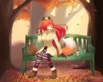  2016 4_toes 5_fingers aeril_(helios) anthro autumn barefoot bench beverage biped brown_fur canid canine chandraken cinamoncune clothed clothing coffee collaboration detailed_background digital_media_(artwork) dipstick_tail female fluffy fluffy_tail fox front_view fully_clothed fur hair holding_cup holding_object jacket looking_at_viewer mammal multicolored_fur multicolored_tail orange_fur orange_tail outside pants pink_hair smile solo toes tree two_tone_tail white_fur white_tail yellow_eyes 