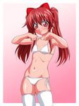  aloe_(quiz_magic_academy) bikini blush flat_chest inferno_(nanbu14) long_hair quiz_magic_academy red_eyes red_hair ribbon solo swimsuit thighhighs twintails 