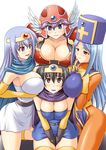  abu armor belt bikini_armor black_hair blue_hair blush bodysuit breast_rest breast_smother breast_suppress breasts breasts_on_head brown_eyes cape circlet cleavage dragon_quest dragon_quest_iii elbow_gloves girl_sandwich gloves harem hat head_wings helmet large_breasts mitre multiple_breast_smother multiple_girls orange_bodysuit priest_(dq3) purple_eyes purple_hair roto sage_(dq3) sandwiched smile soldier_(dq3) thighhighs yuri zettai_ryouiki 
