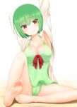  1girl arm_grab armpits arms_up bangs bare_legs barefoot bob_cut bow breasts brown_eyes cameltoe casual_one-piece_swimsuit cleavage closed_mouth commentary_request copyright_request denkaisui eyebrows_visible_through_hair fingernails green_hair green_swimsuit hair_between_eyes highres jacket leaning_to_the_side medium_breasts one-piece_swimsuit open_clothes open_jacket red_bow short_hair sitting smile soles solo swimsuit toes white_background white_jacket 