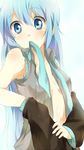  bad_id bad_pixiv_id bare_shoulders blue_eyes blue_hair detached_sleeves dressing flat_chest hatsune_miku long_hair maruki_(punchiki) midriff mouth_hold navel necktie open_clothes open_shirt shirt solo staring undressing vocaloid 