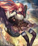  1girl bag bow bowtie breasts cloud feet_out_of_frame granblue_fantasy hair_ornament handbag hands_up henriette_(shingeki_no_bahamut) highres legs long_hair looking_at_viewer medium_breasts official_art open_mouth outdoors red_eyes red_hair shingeki_no_bahamut shirt skirt sky solo tachikawa_mushimaro thighhighs thighs tiara white_shirt 