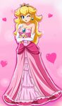  bare_shoulders blonde_hair blue_eyes breasts chiko_(mario) cleavage crown dress earrings elbow_gloves gloves heart highres jewelry long_hair mario_(series) medium_breasts one_eye_closed pink_dress princess_peach sigurd_hosenfeld smile solo strapless strapless_dress super_mario_bros. white_gloves 