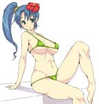  amami_amayu arm_support barefoot bikini blue_hair breasts copyright_request feet flower hair_flower hair_ornament hibiscus large_breasts leg_up long_hair micro_bikini ponytail sitting smile solo swimsuit 
