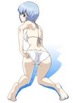  adjusting_clothes adjusting_swimsuit ass ayanami_rei barefoot bikini blue_hair feet kouda_tomohiro looking_back neon_genesis_evangelion red_eyes short_hair solo swimsuit 