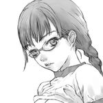  braid copyright_request glasses greyscale monochrome okazaki_takeshi solo twin_braids 