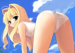  all_fours ass bad_id bad_pixiv_id blonde_hair cloud day flat_chest green_eyes jiji long_hair one-piece_swimsuit original sky solo swimsuit wet white_swimsuit 