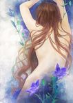  back bad_id bad_pixiv_id brown_hair copyright_request degrees_celsius flower highres long_hair nude solo 