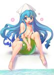  :o ball barefoot beachball between_thighs blue_eyes blue_hair breast_squeeze breasts cleavage feet hat ikamusume long_hair nude open_mouth pool poolside shinryaku!_ikamusume shunin sitting small_breasts solo transparent v_arms water 