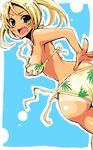  angry aqua_eyes ass bad_id bad_pixiv_id bikini bikini_tan blonde_hair blue_background breast_hold breasts copyright_request covering covering_breasts dutch_angle foreshortening hair_ornament hairclip large_breasts looking_back open_mouth pochi_(pochi-goya) shiny shiny_skin side-tie_bikini swimsuit tan tanline untied wardrobe_malfunction yellow_bikini 