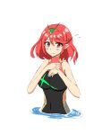 1girl bangs blush breasts competition_swimsuit earrings gem hair_ornament headpiece homura_(xenoblade_2) jewelry large_breasts nintendo one-piece_swimsuit simple_background solo swept_bangs swimsuit tiara user_hpzg7477 white_background xenoblade_(series) xenoblade_2 