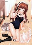  absurdres apron black_school_swimsuit brown_hair highres legs long_hair one-piece_swimsuit original school_swimsuit solo suzume_inui swimsuit tray twintails waitress water wet 