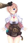  atelier_(series) atelier_rorona blonde_hair blue_eyes blush breasts brown_dress cleavage dress frills jewelry medium_breasts nanahara_fuyuki one_eye_closed pendant petting rororina_fryxell solo_focus sterkenburg_cranach white_background 