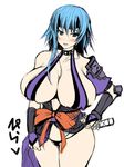  blue_eyes breasts cleavage headband horns huge_breasts long_hair ninja queen's_blade revealing_clothes shizuka_(queen's_blade) silver_hair smile solo stem 