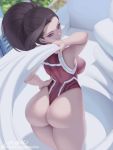  1girl ass back bare_shoulders black_eyes black_hair boku_no_hero_academia breasts hand_on_hip hand_up high_ponytail large_breasts letdie1414 long_hair ponytail smile solo thighs tight yaoyorozu_momo 