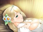  aqua_eyes bed blonde_hair blush breasts choker cleavage dress earrings flower game_cg hair_flower hair_ornament jewelry large_breasts princess_juliette queen_bonjourno sano_toshihide solo tears tiara white_dress 