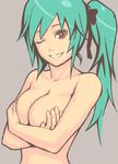  aqua_hair breast_hold breasts brown_eyes copyright_request covering one_eye_closed ponytail solo topless yuuji_(and) 