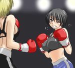  2girls arena black_hair blonde_hair boxer boxing boxing_gloves boxing_match boxing_ring breasts fighting large_breasts midriff multiple_girls shorts sport sports_bra sweat 