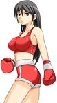  1girl artist_request black_eyes black_hair boxer boxing boxing_glove boxing_gloves breasts character_request gloves large_breasts long_hair looking_back mole red shorts solo source_request sports_bra 