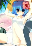  armpits bad_id bad_pixiv_id barefoot beach blue_eyes blue_hair bow cameltoe cirno day flower food fruit hair_flower hair_ornament hand_on_headwear hat hibiscus innertube kinoko one-piece_swimsuit outdoors popsicle school_swimsuit short_hair solo swimsuit toes touhou water watermelon wet white_school_swimsuit white_swimsuit 