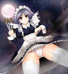  braid izayoi_sakuya knife masa_(miyabitei) moon panties red_eyes short_hair silver_hair solo thighhighs touhou twin_braids underwear upskirt white_legwear white_panties 