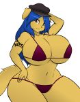  2019 absurd_res amy_&quot;river&quot;_lewis_(lildredre) anthro big_breasts biker_cap bikini black_nose blue_hair breasts brown_eyes canid canine canis cleavage clothed clothing digital_media_(artwork) domestic_dog female fur golden_retriever hair hat hayakain hi_res huge_breasts long_hair looking_at_viewer magenta_bikini mammal navel simple_background smile solo standing swimsuit thick_thighs voluptuous white_background wide_hips 