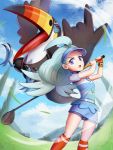  1girl ahoge bird blue_eyes blue_shirt blue_sky cloud creatures_(company) day game_freak gen_7_pokemon gloves golf_club gonzarez kahili_(pokemon) kneehighs light_blue_hair long_hair looking_at_viewer mole motion_blur nintendo orange_legwear outdoors pokemon pokemon_(game) pokemon_sm red_gloves red_legwear shirt shorts shorts_under_skirt single_glove skirt sky standing toucannon visor_cap 