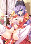  areolae blue_eyes blush breasts chalice collar deviruchi_hat dress elf flower hat high_priest kawase_seiki large_breasts loincloth long_hair masturbation nipples pointy_ears purple_hair ragnarok_online rose see-through solo spread_legs thighhighs 