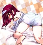  all_fours ass barefoot bed bent_over blush checkered dithering feet from_behind glasses hairband looking_back off_shoulder original panties purple_hair red_eyes see-through solo strap_slip striped striped_panties toe_scrunch tokita_monta trefoil underwear 