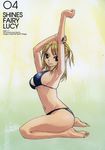  arm_up armpits barefoot bikini blonde_hair breasts brown_eyes fairy_tail feet highres large_breasts looking_at_viewer lucy_heartfilia mashima_hiro nail_polish navel official_art parted_lips sideboob sitting smile solo swimsuit wariza 