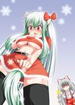  blood blush breasts ex-keine fujiwara_no_mokou green_hair hair_ribbon horns kamishirasawa_keine large_breasts long_hair multiple_girls nin_(sinobili) nosebleed red_eyes ribbon santa_costume silver_hair suspenders tail thighhighs touhou underboob 