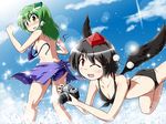  bikini black_hair black_wings blue_sarong blush camera day front-tie_top green_hair hat highres kochiya_sanae kousei_(public_planet) multiple_girls one_eye_closed print_sarong sarong shameimaru_aya swimsuit touhou wardrobe_malfunction wings 