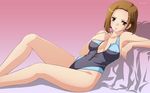  breasts brown_hair cleavage covered_nipples earrings grey_eyes gundam gundam_00 highres jewelry kinue_crossroad large_breasts legs one-piece_swimsuit short_hair sitting solo swimsuit tadano_akira wallpaper widescreen 