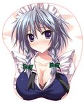  blue_eyes blush braid breast_mousepad breast_padding breasts cleavage izayoi_sakuya large_breasts mousepad naturalton pun short_hair silver_hair solo touhou twin_braids 