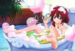  absurdres barefoot bath bathtub bird bitch-kun blush bubble bubble_bath bubble_blowing bubble_pipe cameo claw_foot_bathtub duck feet fight_ippatsu!_juuden-chan!! grin hatsune_miku highres megami nude official_art ozeki_miyabi pinky_out plug_cryostat red_eyes red_hair rubber_duck short_hair smile soap_bubbles soles solo toes towel vocaloid wash washing 