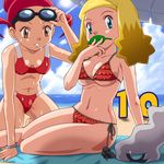  alice_(pokemon) aqua_eyes bikini blonde_hair breasts brown_eyes covered_nipples darkrai day gen_4_pokemon goggles leaf lowres maki_(pokemon) medium_breasts midriff multiple_girls navel pokemoa pokemon pokemon_(anime) pokemon_(creature) pokemon_dp_(anime) pokemon_m10 red_hair side-tie_bikini sweat swimsuit 