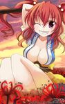  breasts cleavage fang flower grin kitahara_tomoe_(kitahara_koubou) large_breasts one_eye_closed onozuka_komachi purple_eyes red_hair smile solo spider_lily sunset touhou two_side_up 