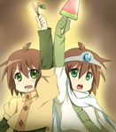  bad_id bad_pixiv_id brown_hair food gintama green_eyes maruki_(punchiki) multiple_girls original popsicle punchiki_(character) watermelon_bar 