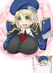  :d bed beret blazblue blonde_hair blush breast_expansion breasts chibi dreaming green_eyes happy hat homura_(haku89) huge_breasts necktie noel_vermillion open_mouth saliva shirt sleeping smile solo taut_clothes taut_shirt 