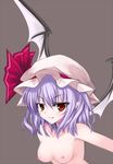  bat_wings breasts fang hat lavender_hair medium_breasts nipples nude pointy_ears red_eyes remilia_scarlet simple_background solo touhou upper_body utakata_(kochou_no_yume) wings 