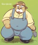  2017 anthro brown_fur bulge clothing english_text eyewear fur glasses green_background hat lako male mammal overalls overweight overweight_male shirt simple_background solo straw_hat text ursid 
